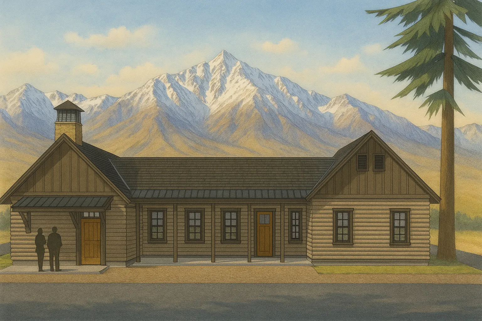 Access Mammoth Jack and Kathy Copeland center AI Rendering of building in front of an Eastern Sierra landscape