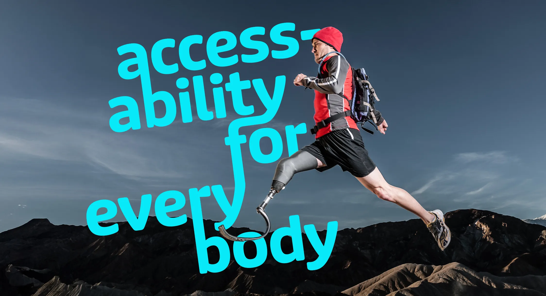 Adaptive athlete running through a mountainous landscape in front of the Access Mammoth rally cry 'accessability for every body'