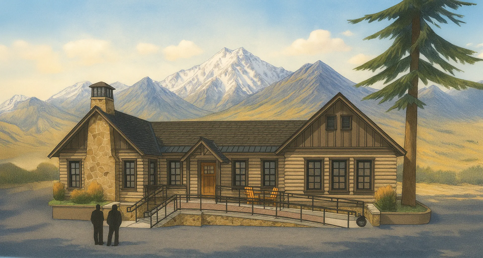 Access Mammoth Jack and Kathy Copeland center AI Rendering of building in front of an Eastern Sierra landscape