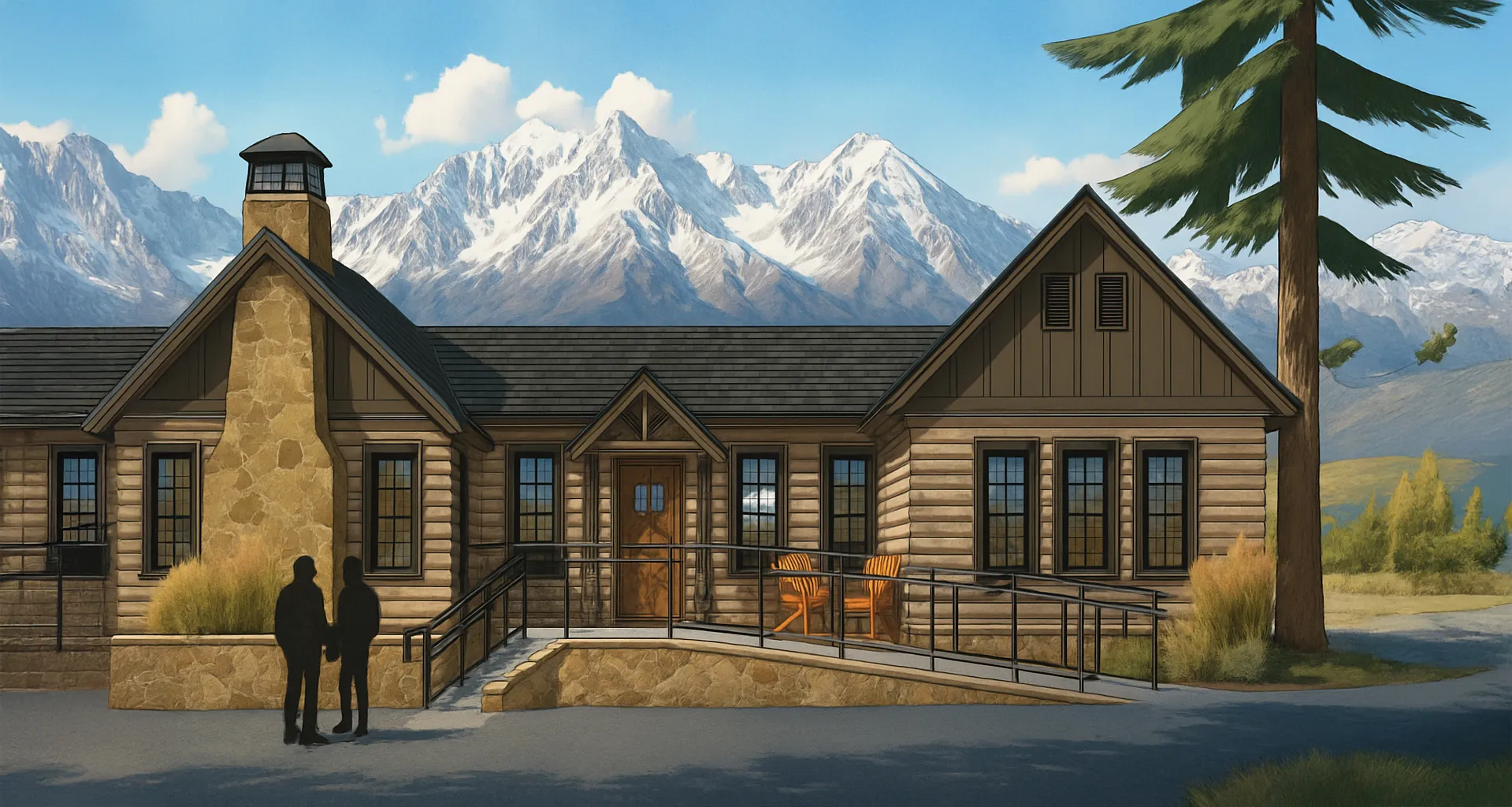 Access Mammoth Jack and Kathy Copeland center AI Rendering of building in front of an Eastern Sierra landscape