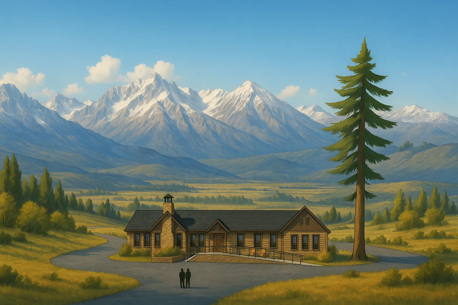 Access Mammoth Jack and Kathy Copeland center AI Rendering of building in front of an Eastern Sierra landscape